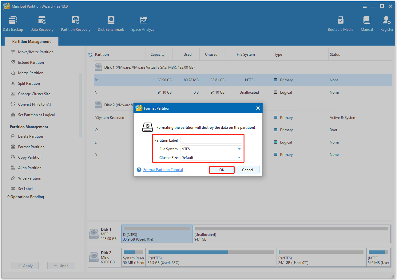 MiniTool Partition Wizard interface with the box showing Partition Label, File System, and Cluster Size.