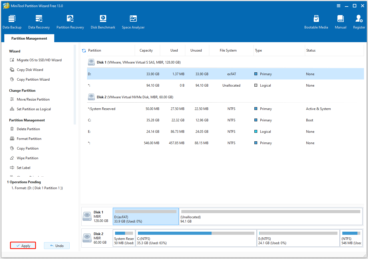 MiniTool Partition Wizard interface with the Apply button in the bottom left corner.
