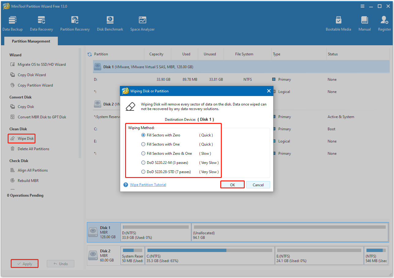 MiniTool Partition Wizard interface with the Wipe Disk box showing different Wipe Methods and confirm.
