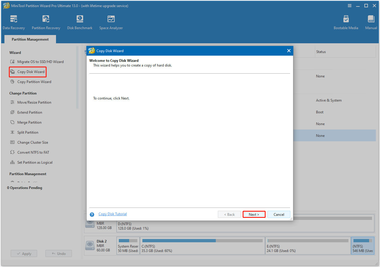 The Migrate OS to SSD or HD feature selected in the left action panel of the MiniTool Partition Wizard interface.