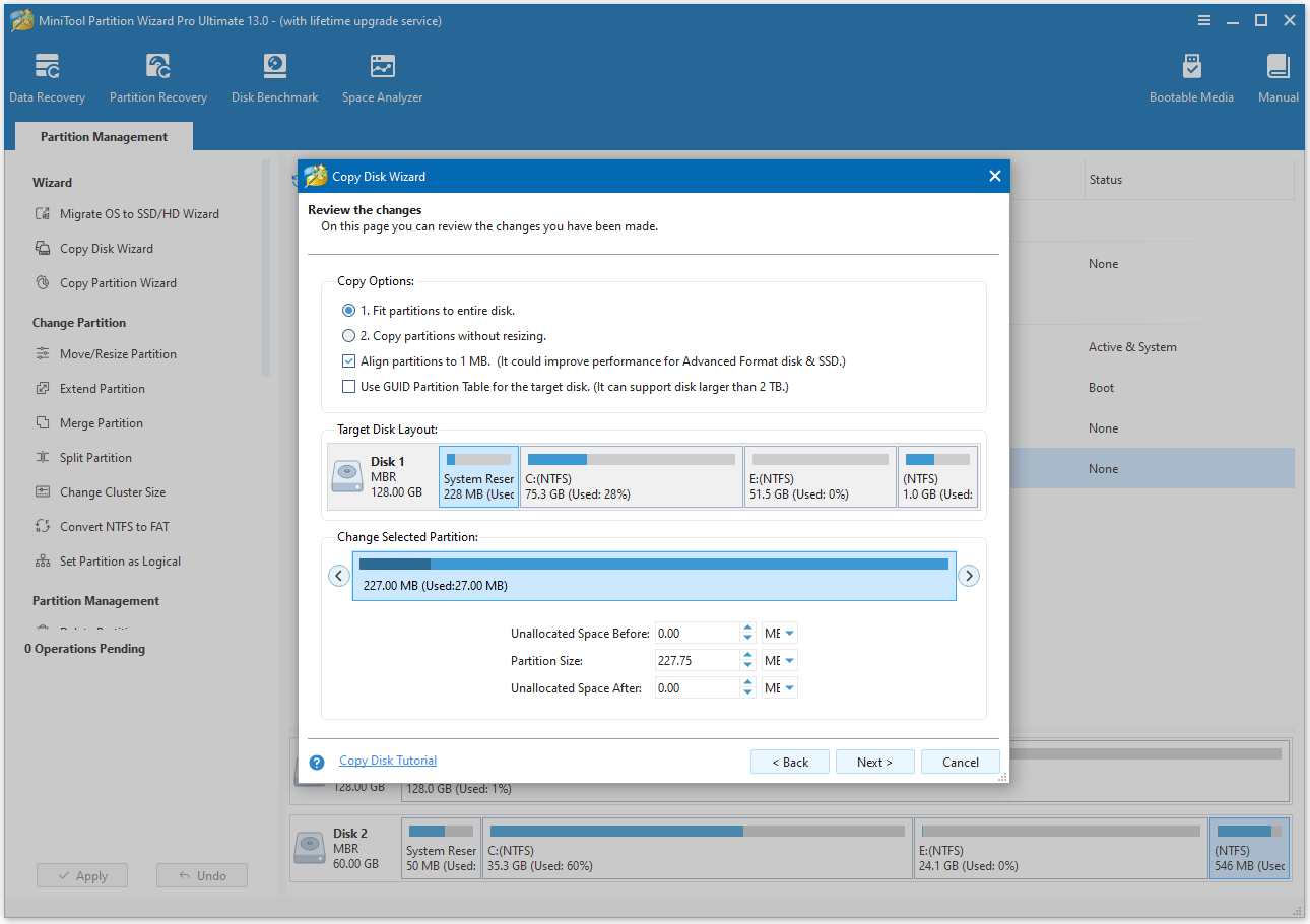 MiniTool Partition Wizard interface with the process of selecting the target disk and adjusting copy options.