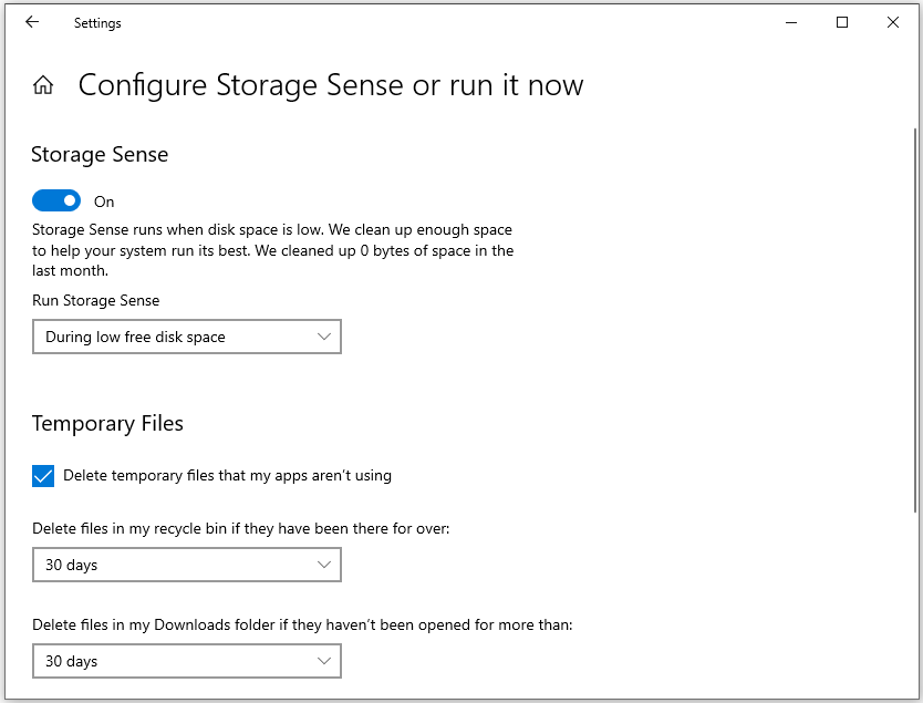 The Storage Sense interface with the process of configuring how and when files are deleted.