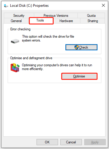 The Optimize option selected under the Optimise and defragment drive section.