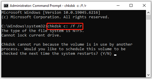 The chkdsk command typed in the Command Prompt interface.