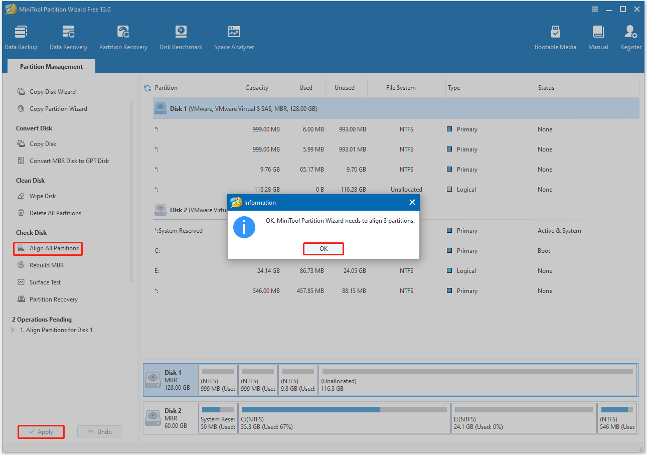 MiniTool Partition Wizard interface with the process of aligning all partitions on SSD.