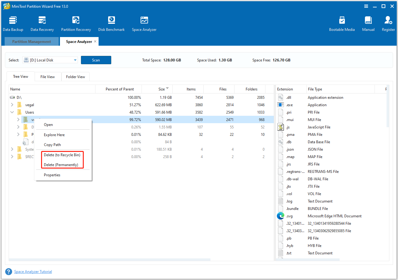 MiniTool Partition Wizard Space Analyzer interface with the selected file Delete options.