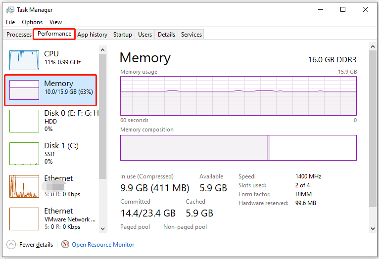 Task Manager interface with the usage of memory under Performance.