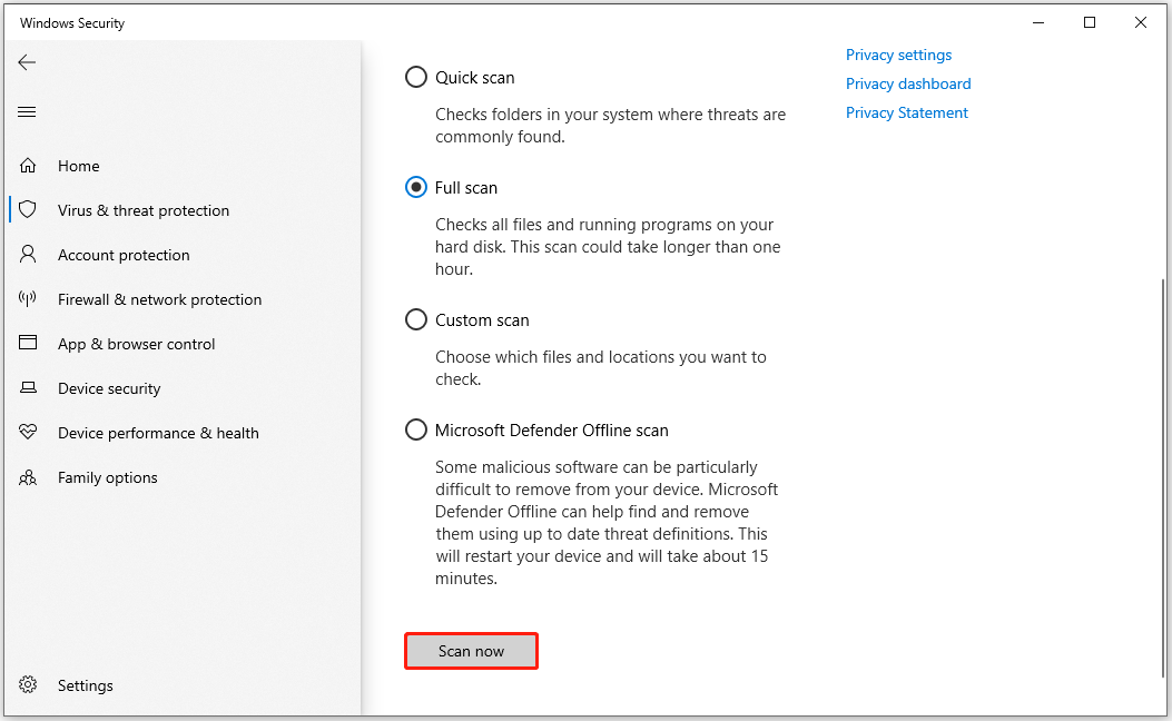 The Windows Security interface with the Scan now option selected to scan the computer for viruses.