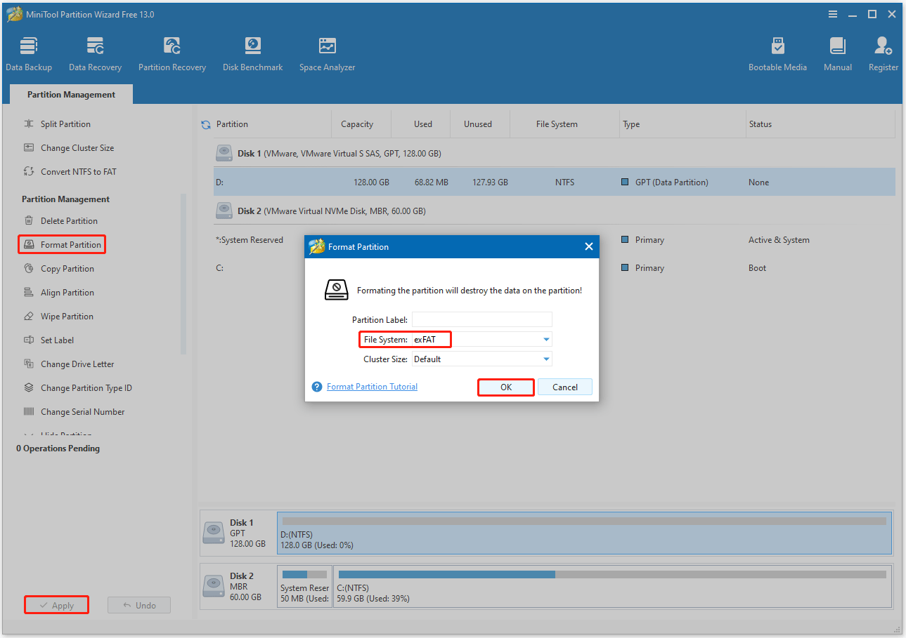 The process of formatting the external hard drive for PS5 in the MiniTool Partition Wizard interface.