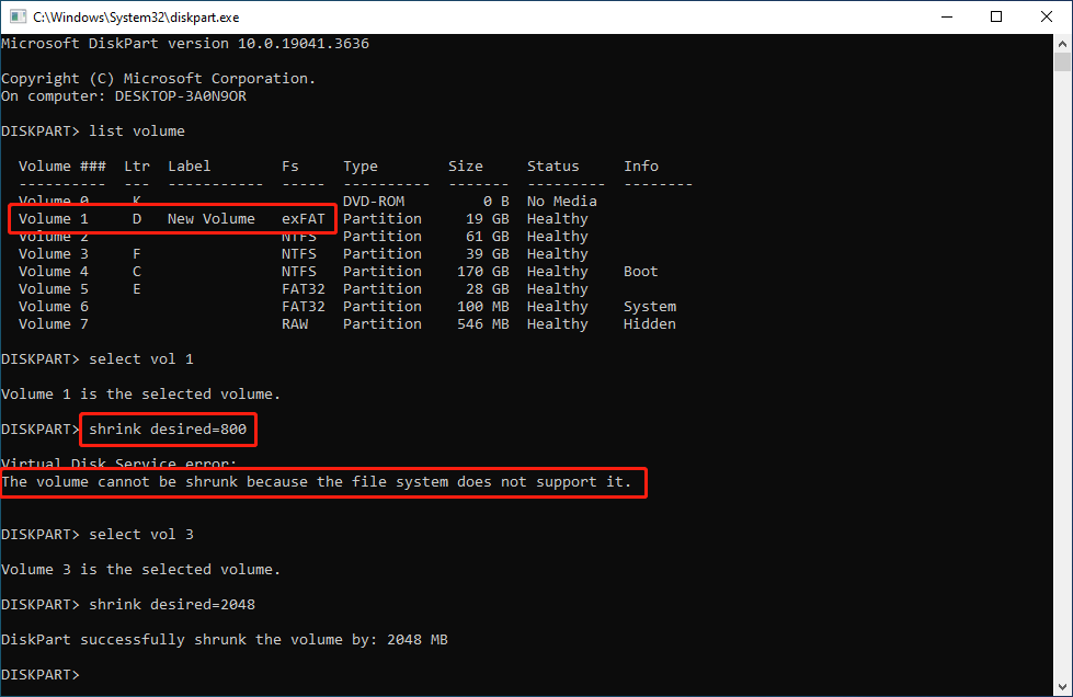The diskpart interface with The volume cannot be shrunk because the file system does not support it error, showing the shrink attempt failed.