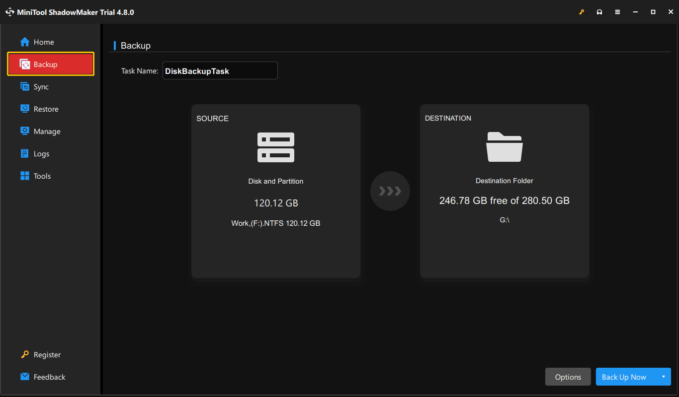 The MiniTool ShadowMaker interface with Backup selected.