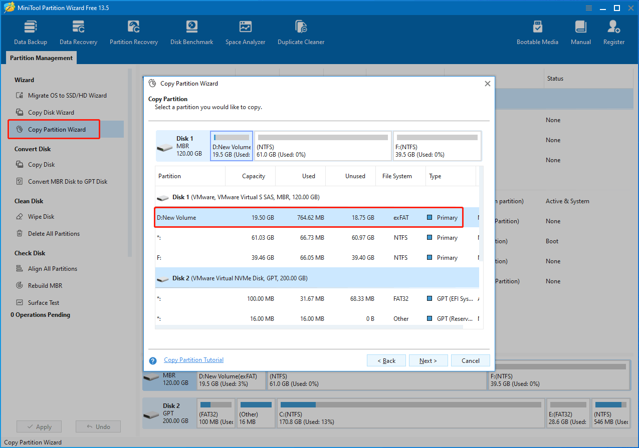 The MiniTool Partition Wizard interface with Copy Partition Wizard displayed and the exFAT partition is selected as a source.