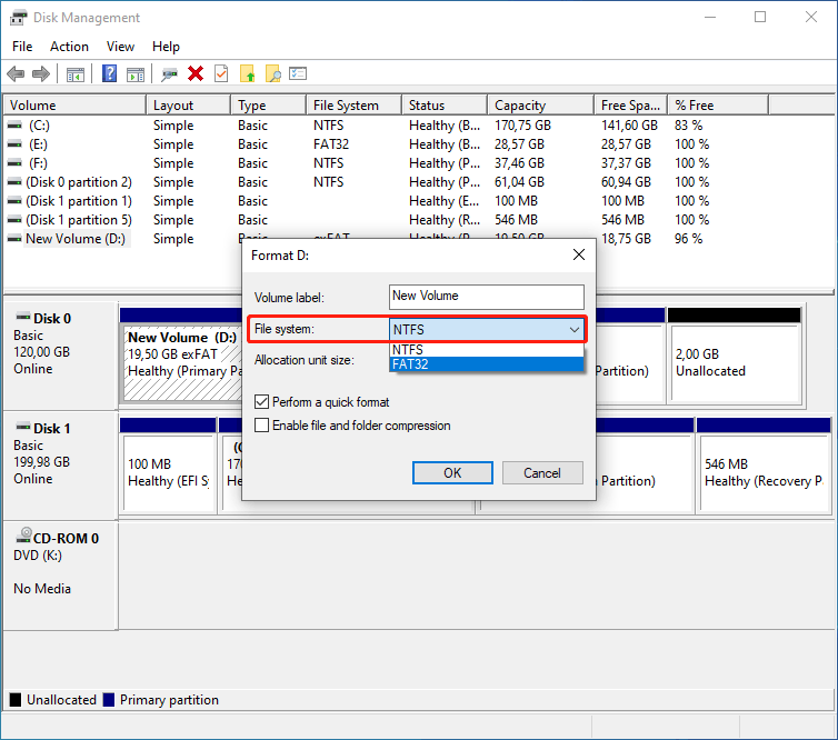 The Disk Management interface with the Format D: window and the NTFS file system selected.
