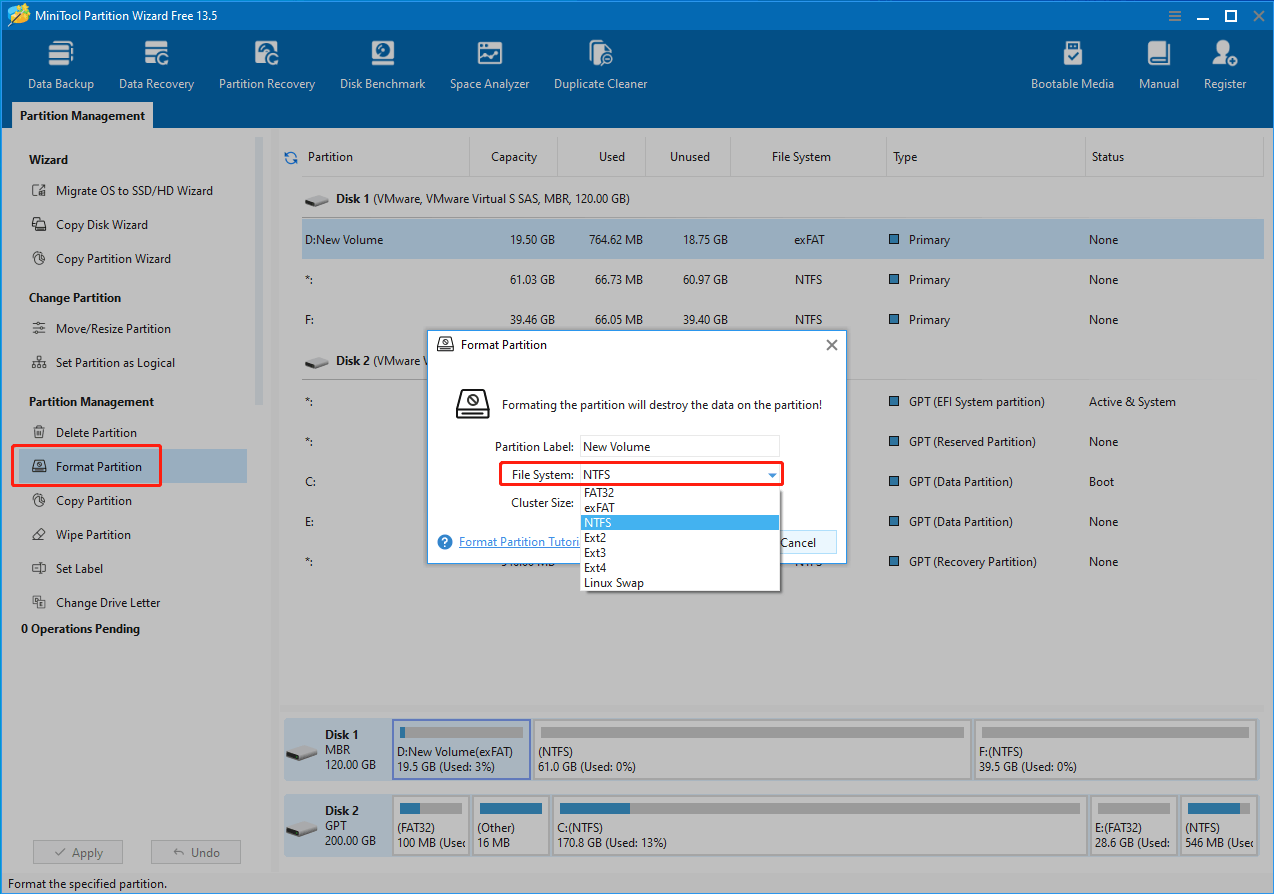 The MiniTool Partition Wizard interface with the Format Partition windows opened, and NTFS selected.
