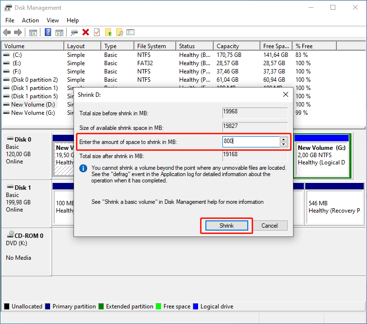 The Disk Management interface with Shrink D: window displayed with shrink size and the Shrink button marked with red boxes.