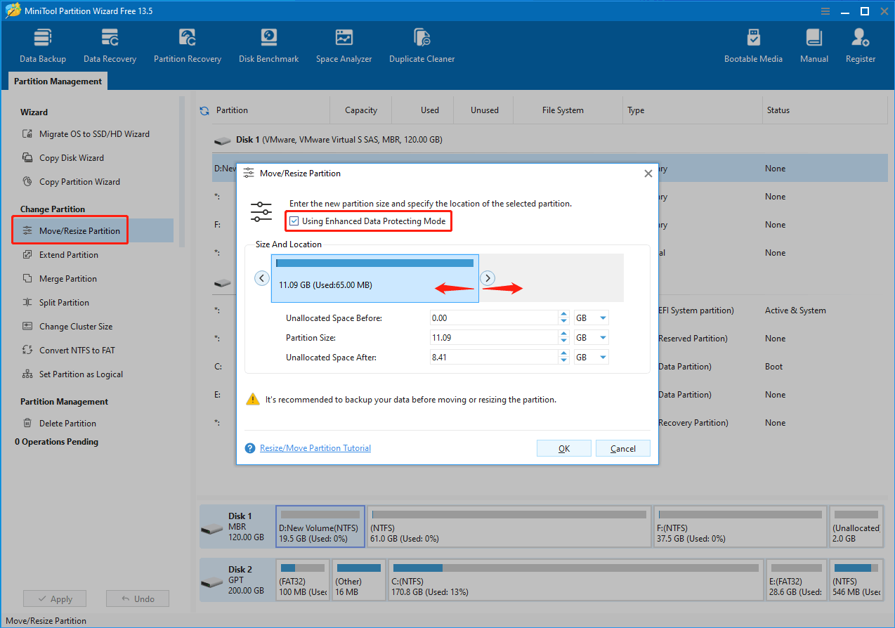 The MiniTool Partition Wizard interface with the Move/Resize Partition window opened, and some parameters are configured.