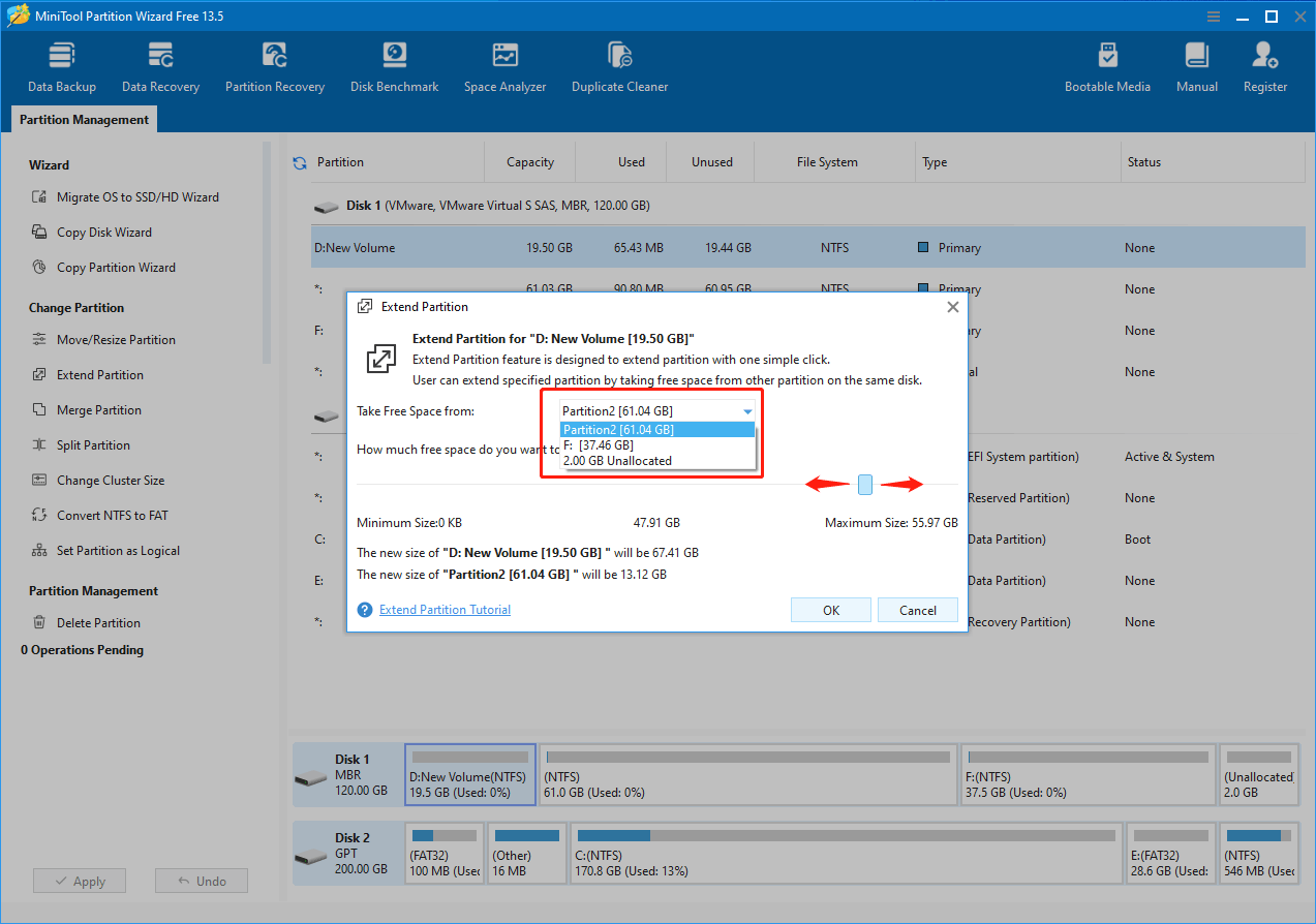 The MiniTool Partition Wizard interface with Extend Partition windows opened, a partition is selected, and the free space is selected.