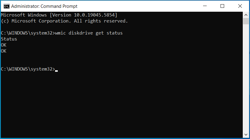 Command Prompt window with the check drive health command.