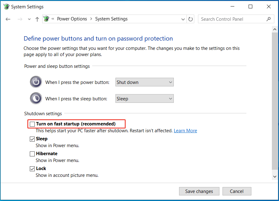 Power Options window in Control Panel with unchecked Turn on fast startup.