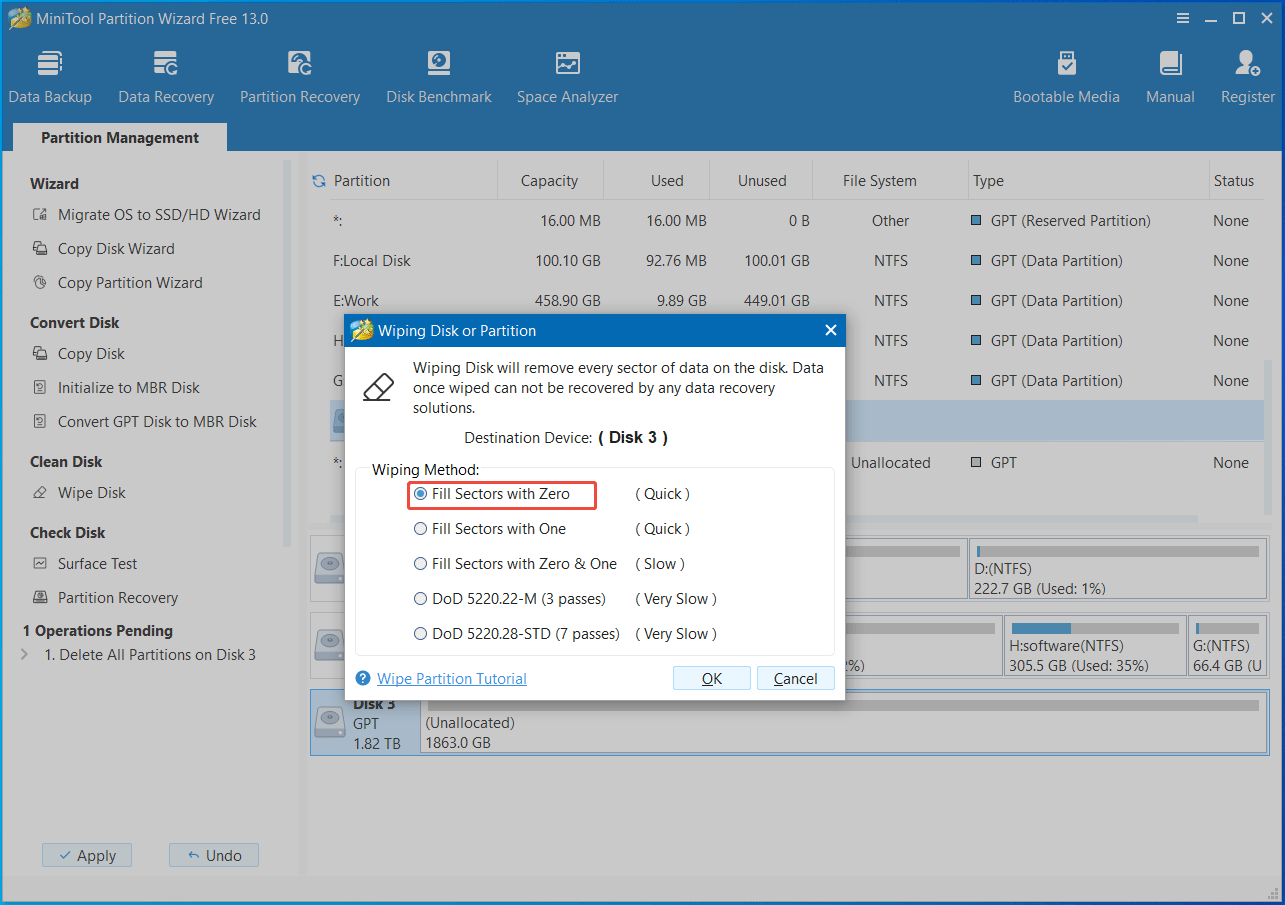 The MiniTool Partition Wizard window with a selected wiping disk method like Fill Sectors with Zero.