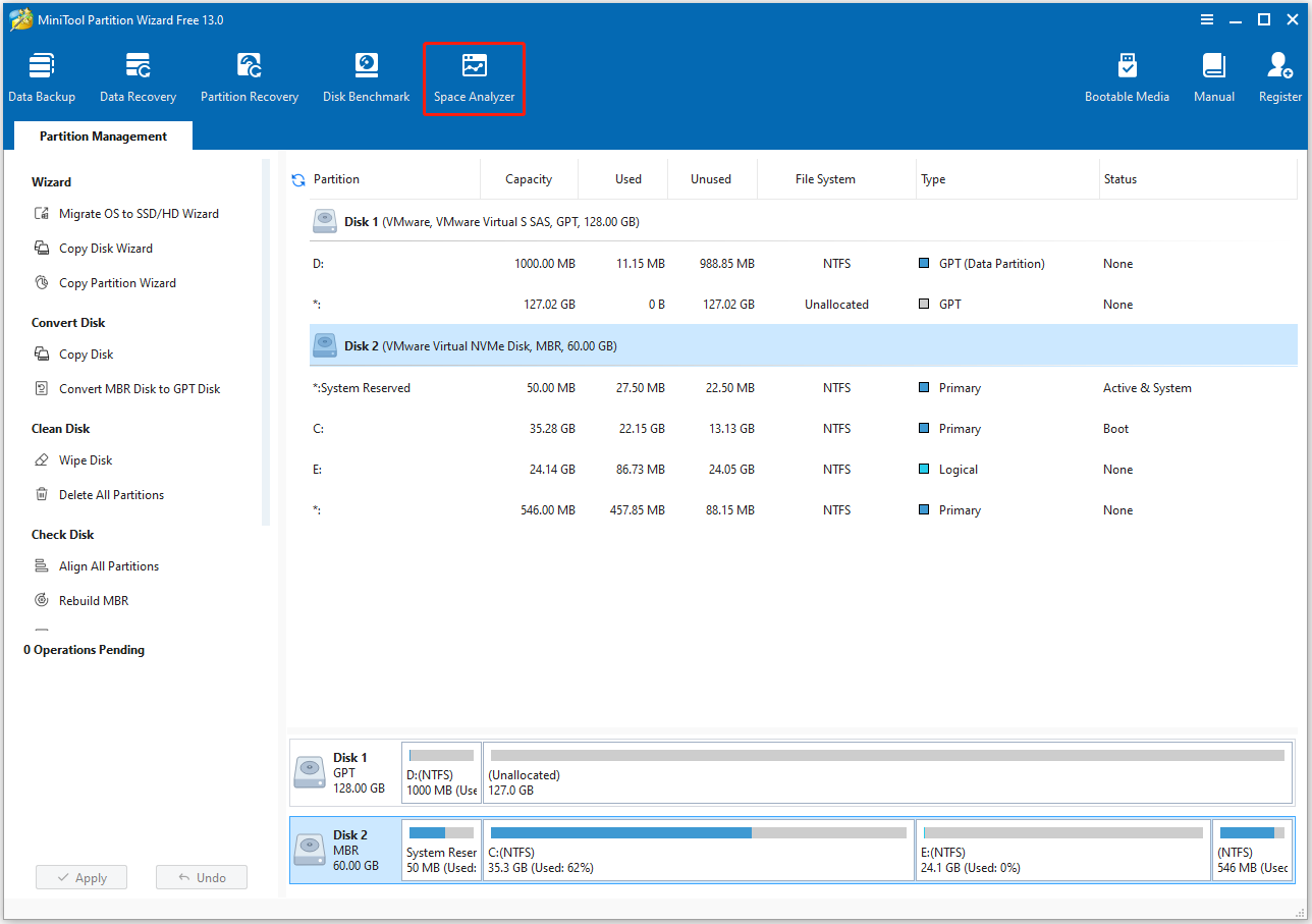 The Space Analyzer feature highlighted on the top toolbar of the MiniTool Partition Wizard interface.