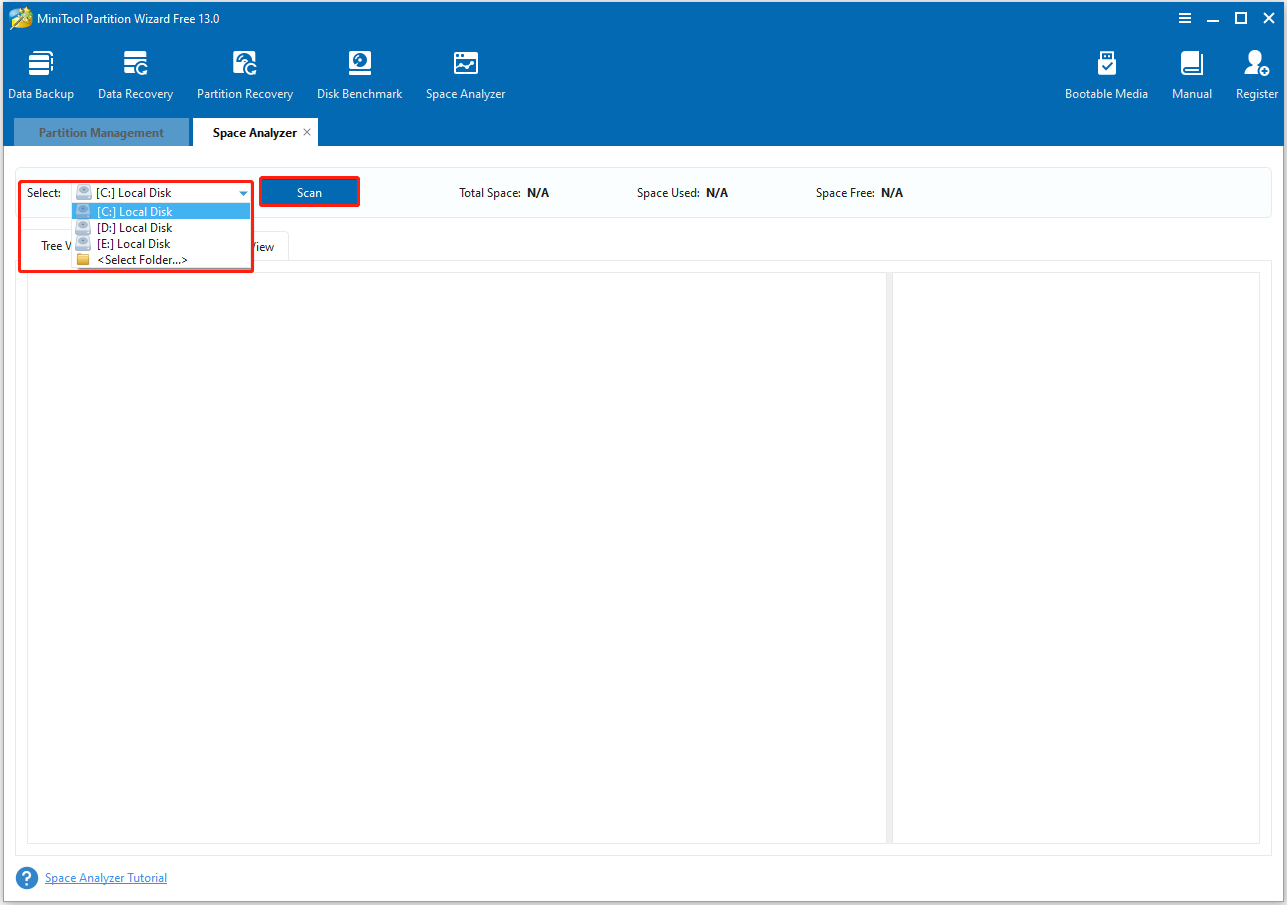 MiniTool Partition Wizard Space Analyzer interface with the selected drive to scan.