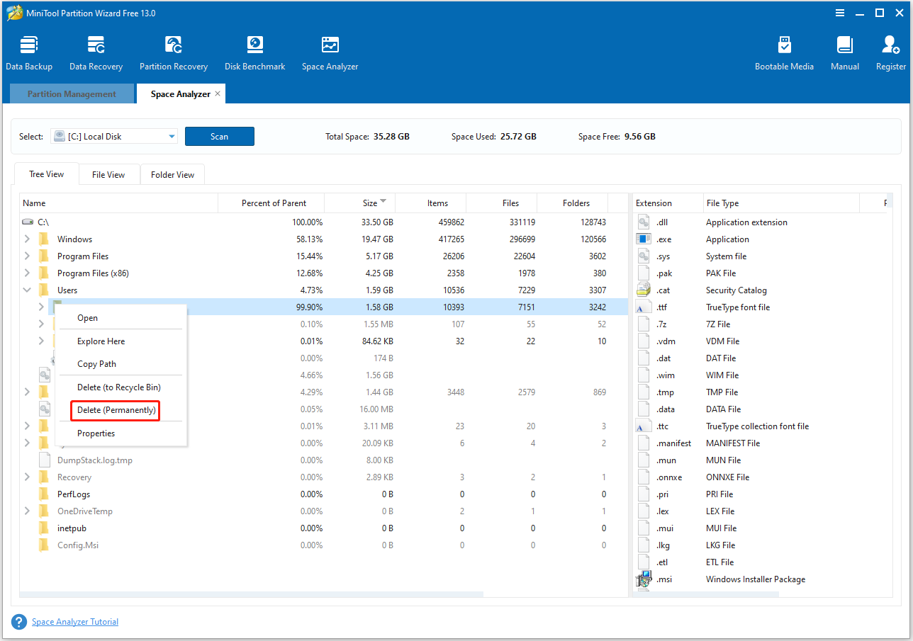 MiniTool Partition Wizard Space Analyzer interface with the file Delete option.