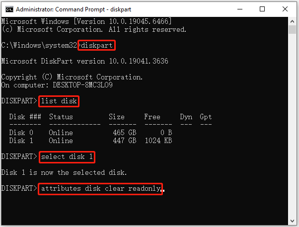 The Command Prompt interface showing the disk read only removal commands.