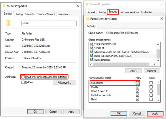 Removal of Read only attributes and assignment of full control to the Steam folder.