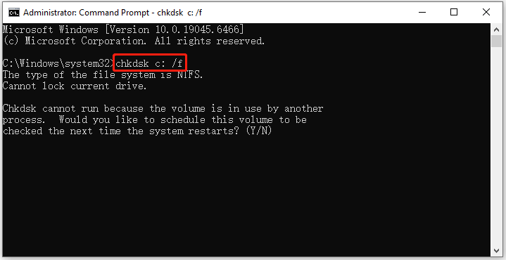 The chkdsk command typed in the Command Prompt interface.