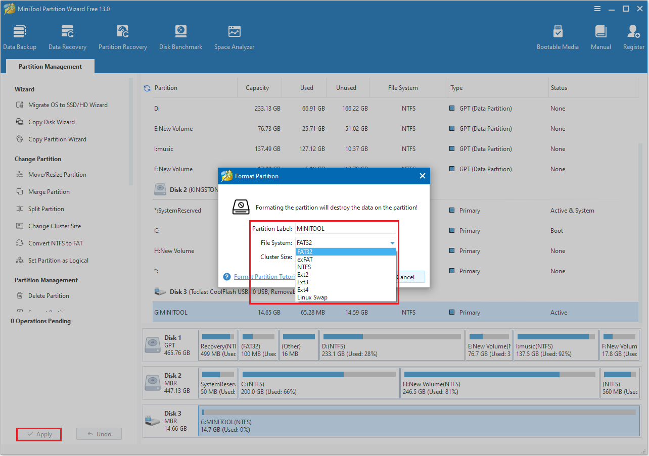 MiniTool Partition Wizard interface that shows how to format a USB drive.