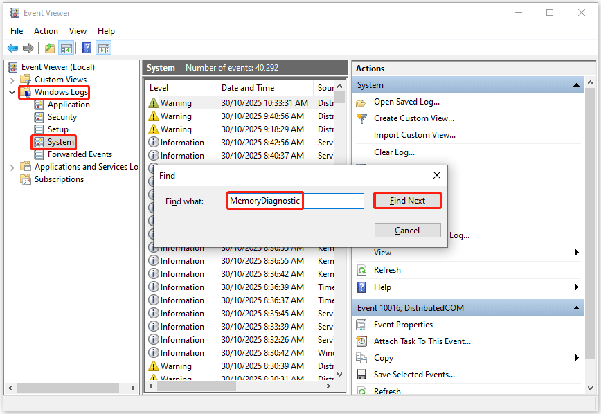 The Event Viewer interface showing the RAM test results.