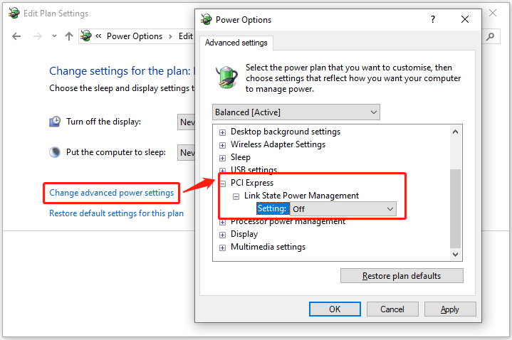 The process of turning off link state power management.