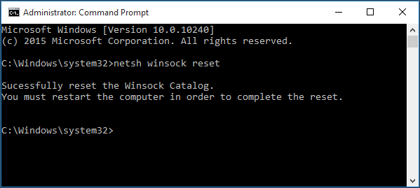 The Command Prompt interface with the netsh winsock reset command.