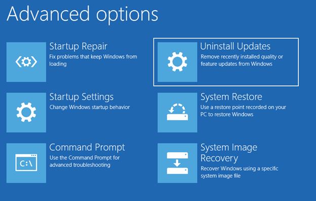 The Advanced options interface with the selected Uninstall Updates option.