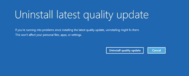 The Uninstall latest quality update option interface with the selected Uninstall quality update option.