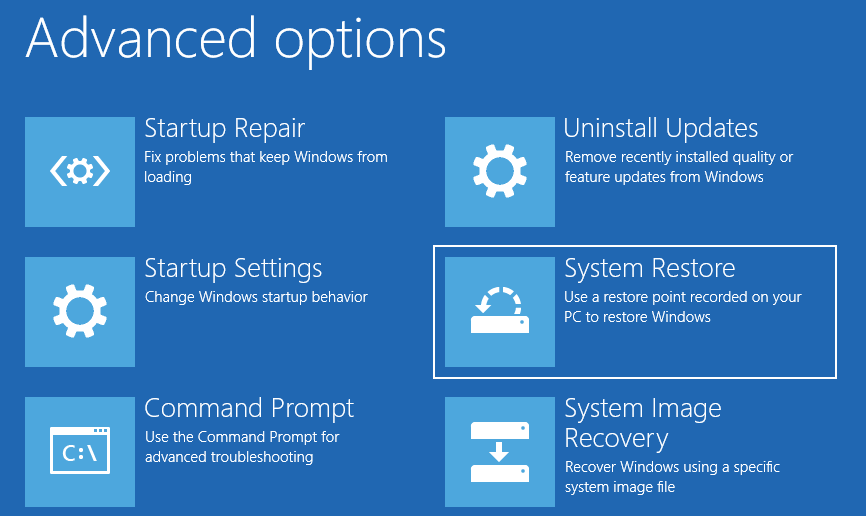 The Advanced options interface with the selected System Restore option.