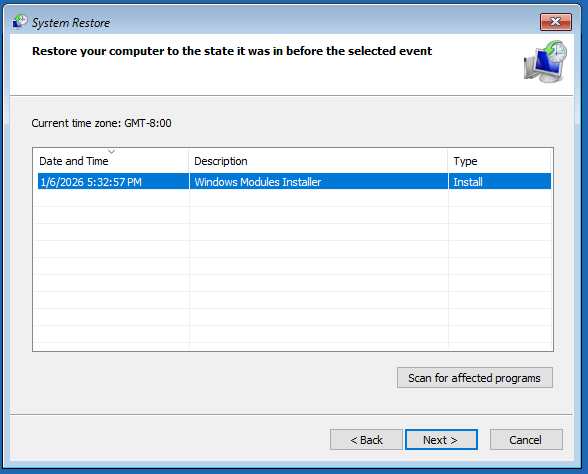 The Restore your computer to the state it was in before the selected event interface with the selected Next option.