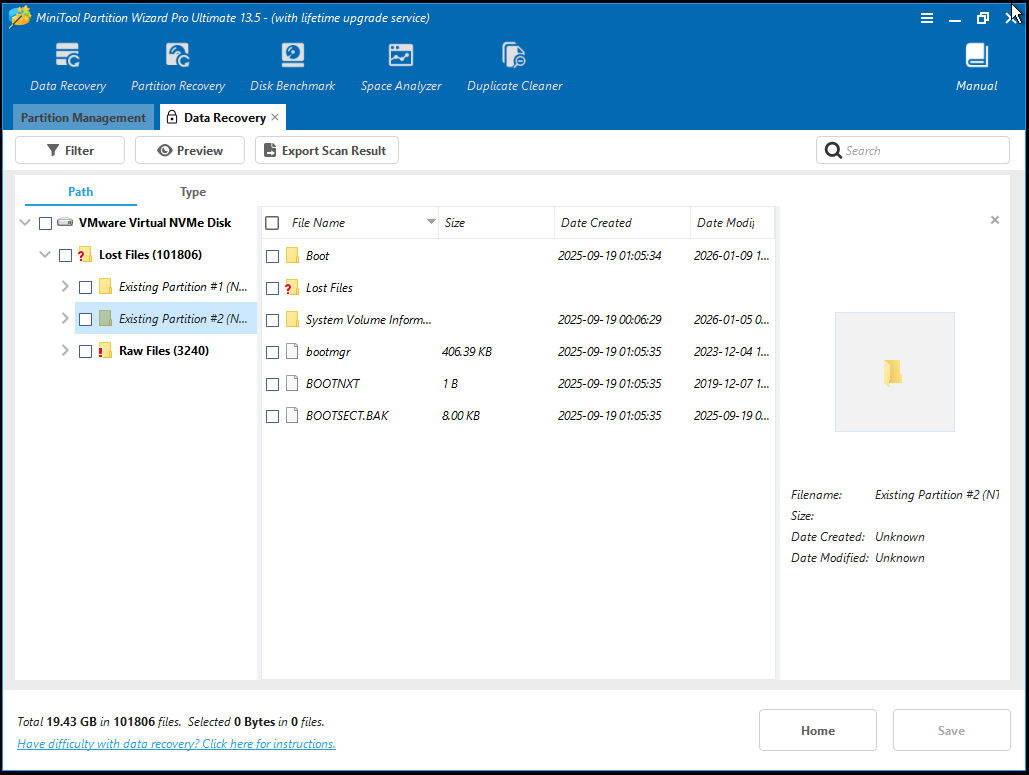 The Data Recovery interface of MiniTool Partition Wizard Bootable version.