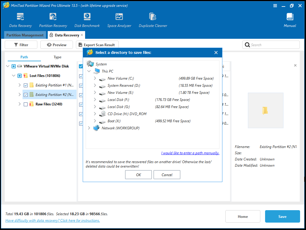 The Select a directory to save files of the MiniTool Partition Wizard Bootable version.