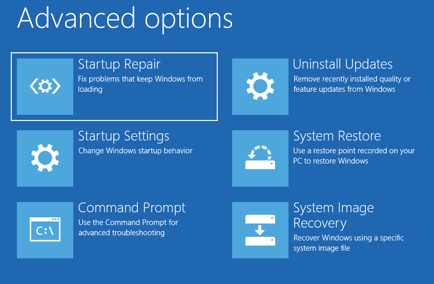 The Advanced options interfere with the selected Startup Repair options.