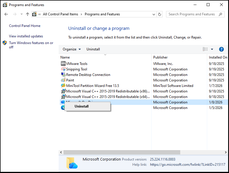 The Uninstall or change a program interface with the selected Uninstall option.