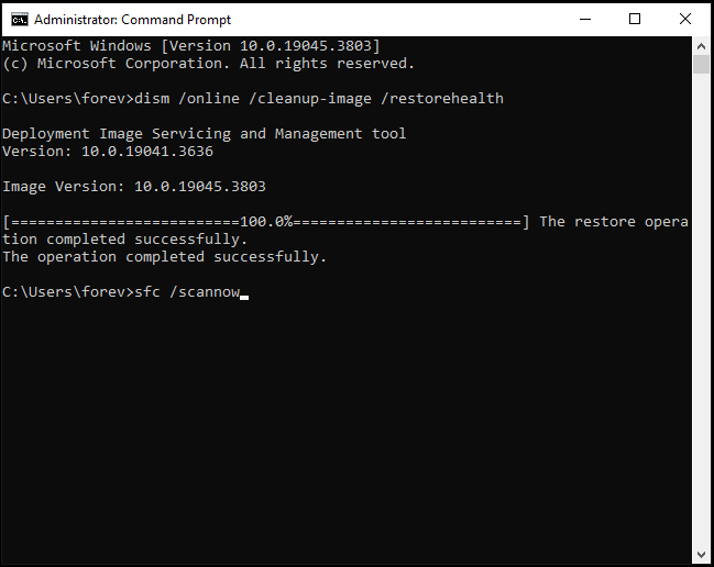 The interface of Command Prompt with the sfc scannow command line.