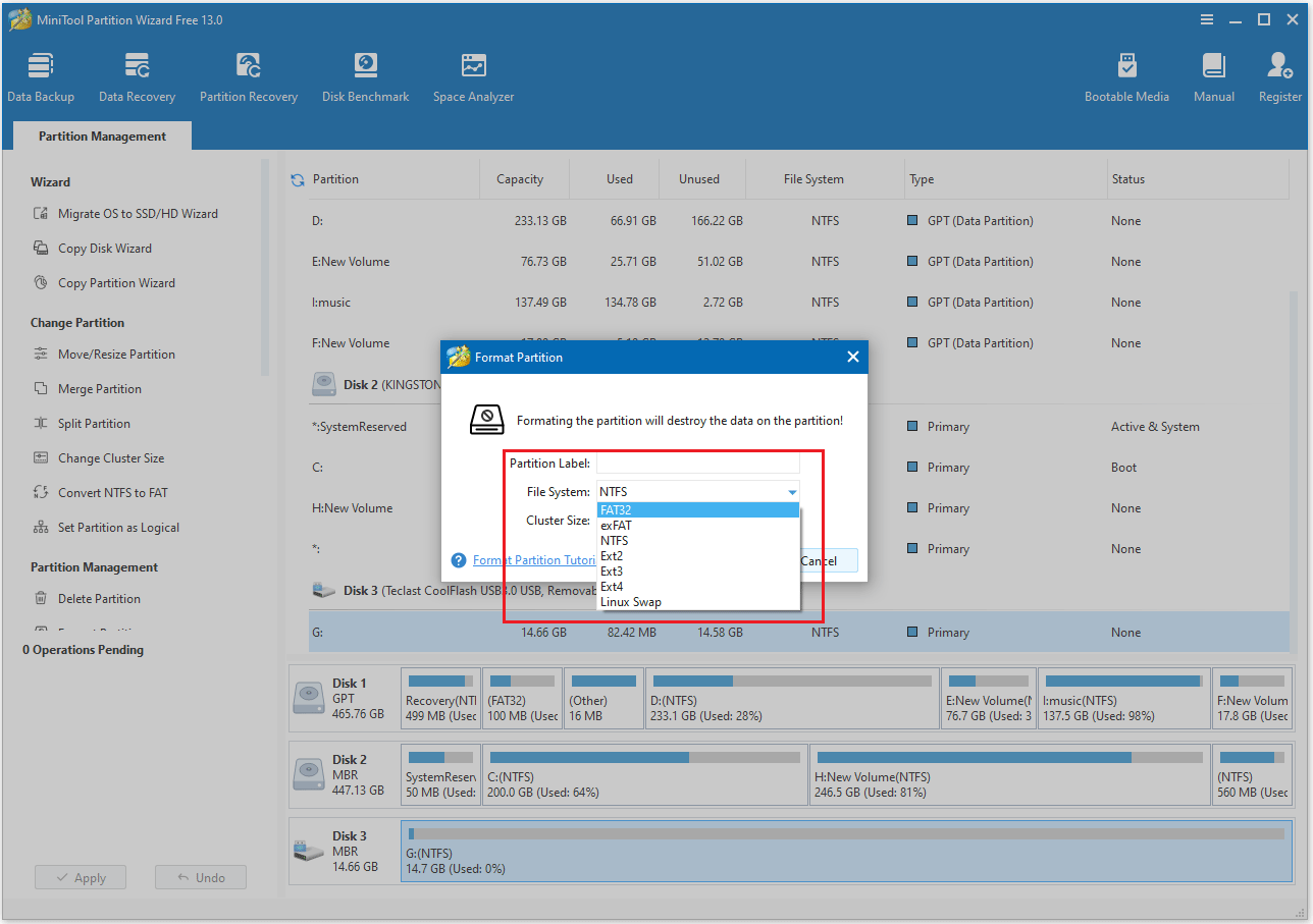 MiniTool Partition Wizard interface of formatting a memory card.