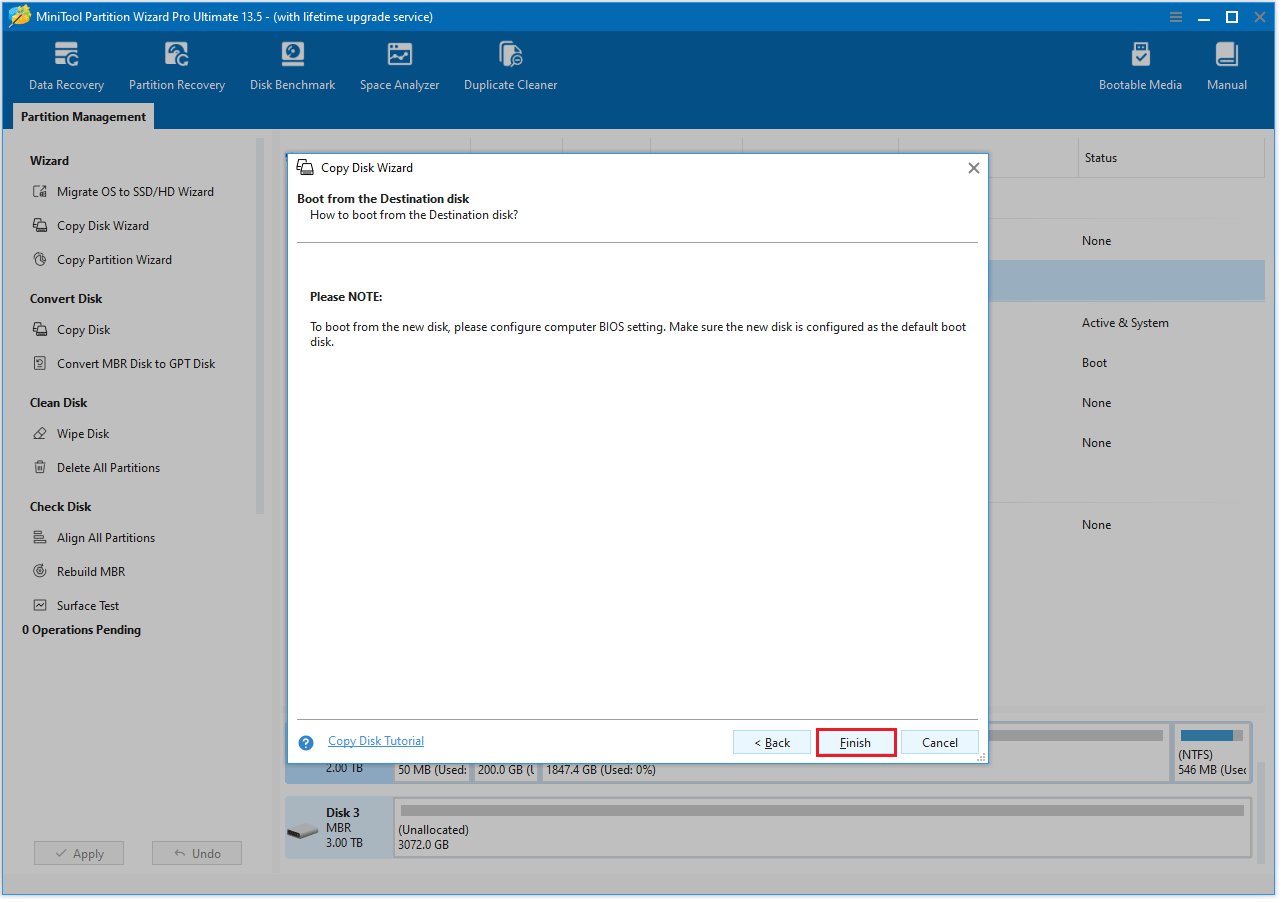 The Boot from the Destination Disk interface of MiniTool Partition Wizard with the selected Finish option.