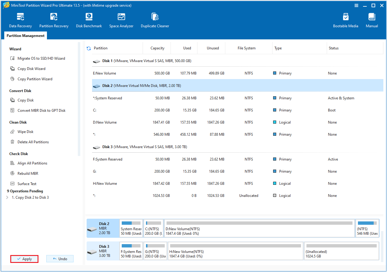The selected Apply option of the MiniTool Partition Wizard interface.