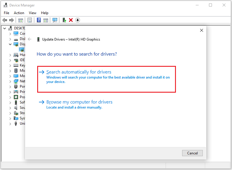 The Update Drivers interface with the selected Search automatically for drivers option.