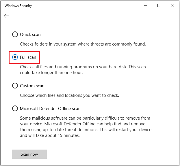 The Windows Security interface with the selected Full scan option.