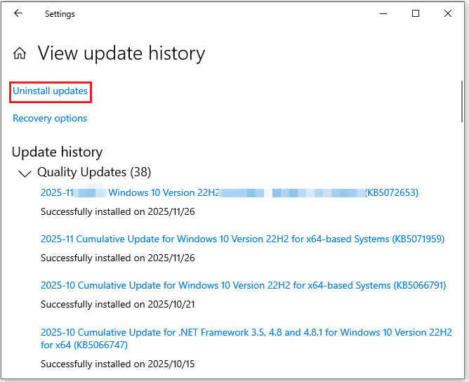 The View update history interface with the selected Uninstall updates option.