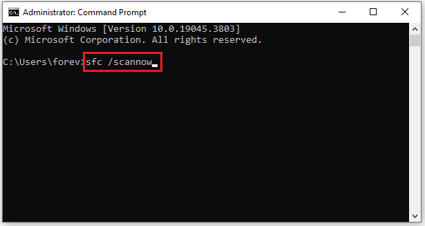 The interface of Command Prompt with the sfc scannow command line.